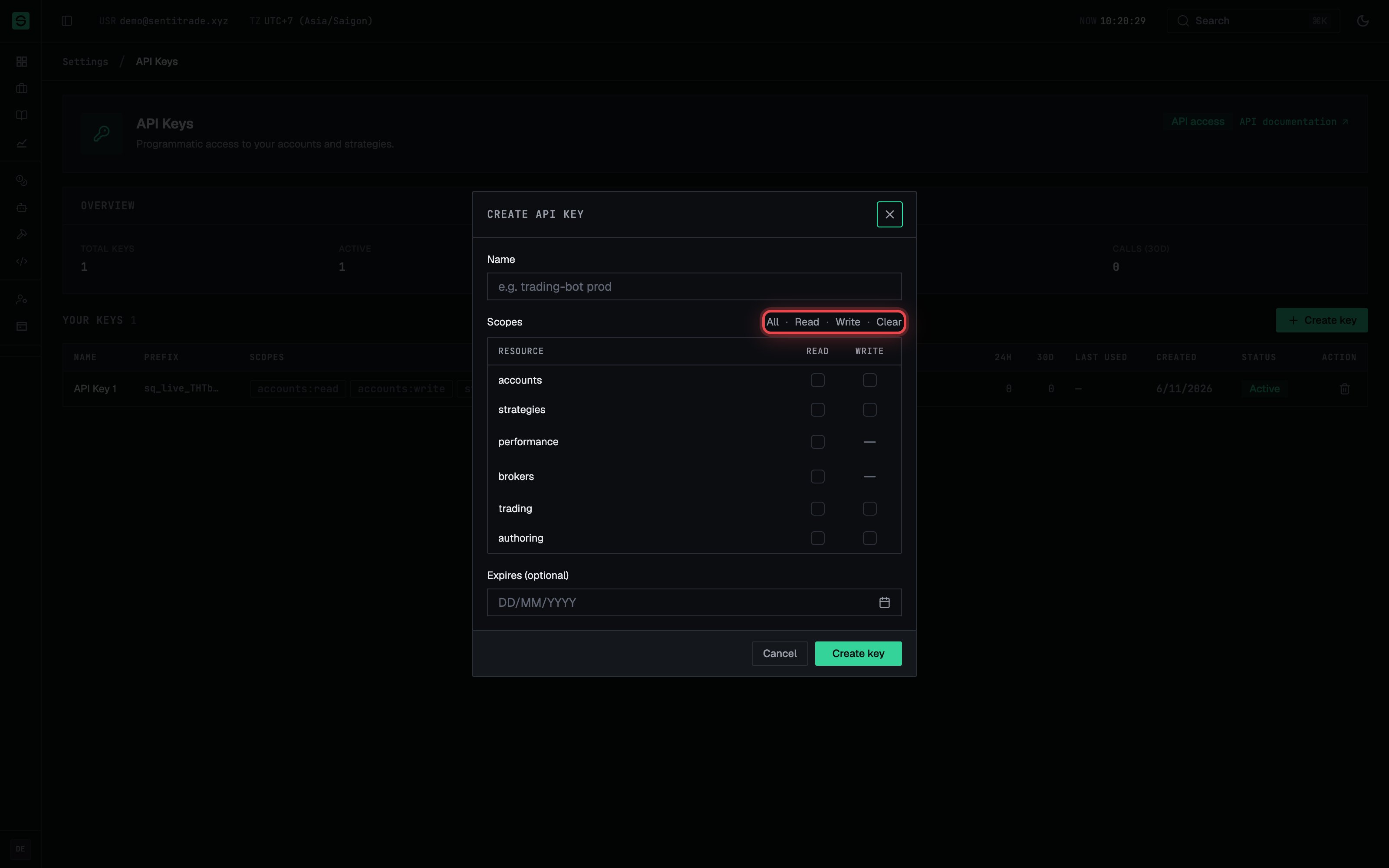 The Create API key dialog with Name, the per-resource read/write scope picker with All/Read/Write/Clear, and the optional expiry.