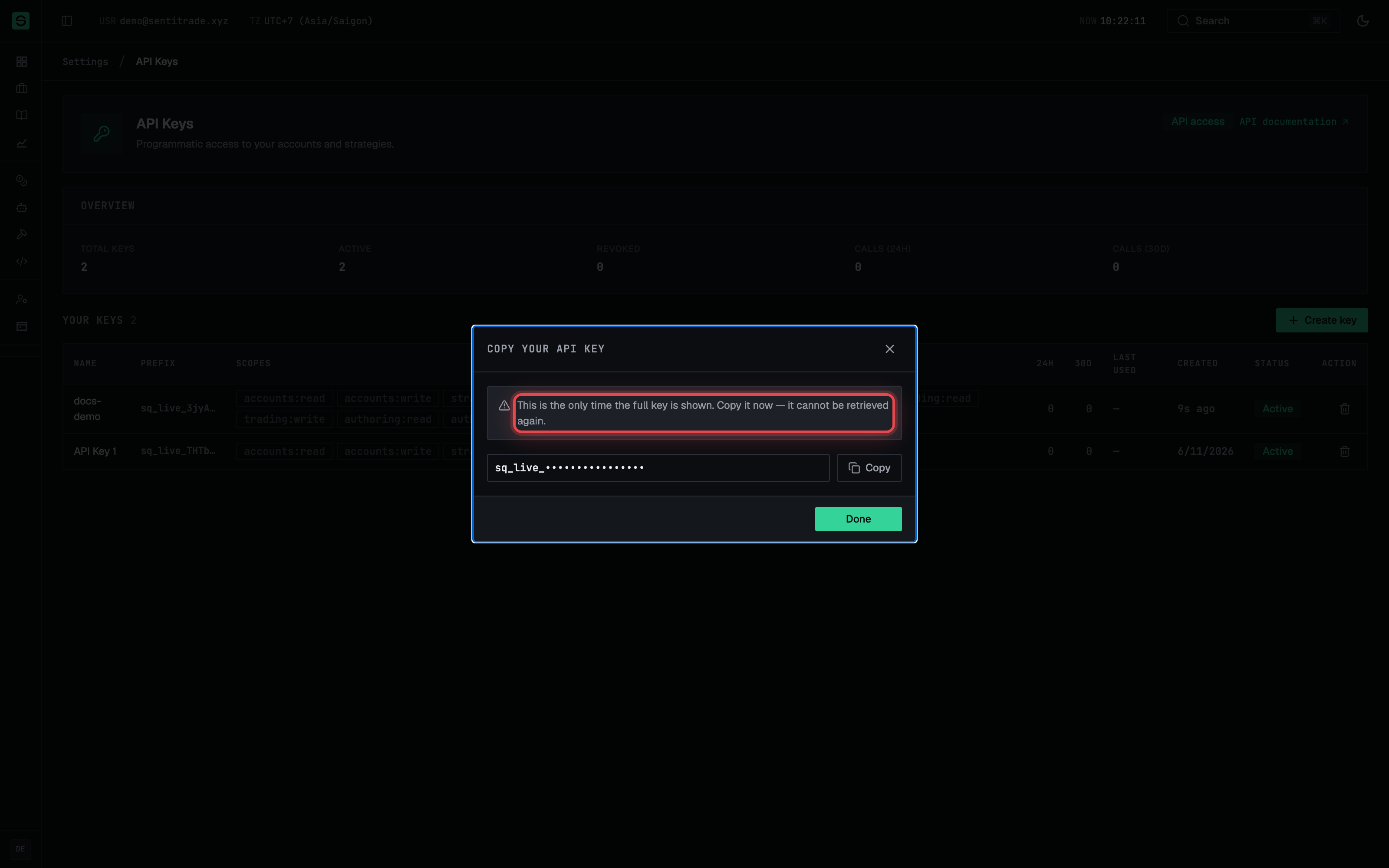 The one-time key reveal with the Copy button and the "cannot be retrieved again" warning.