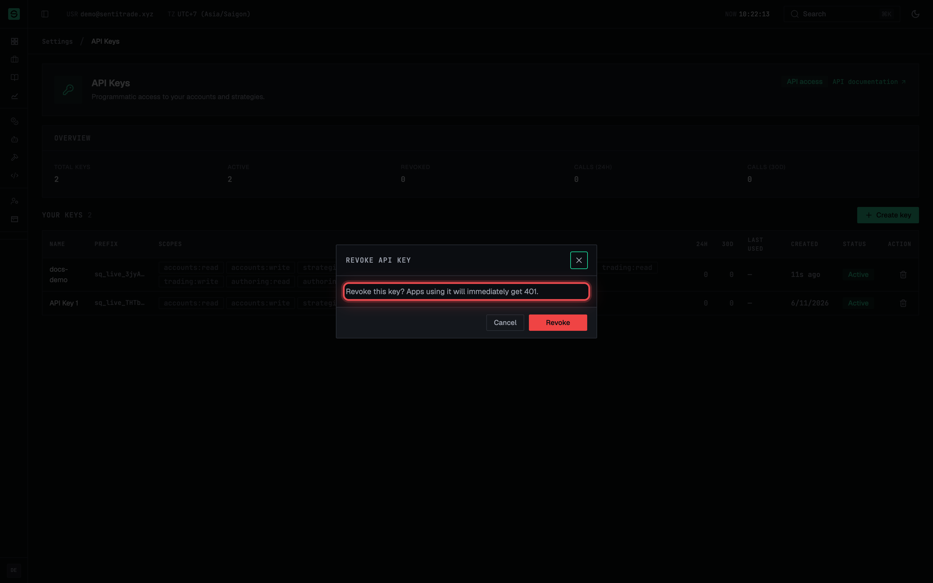 The Revoke API key confirmation dialog.