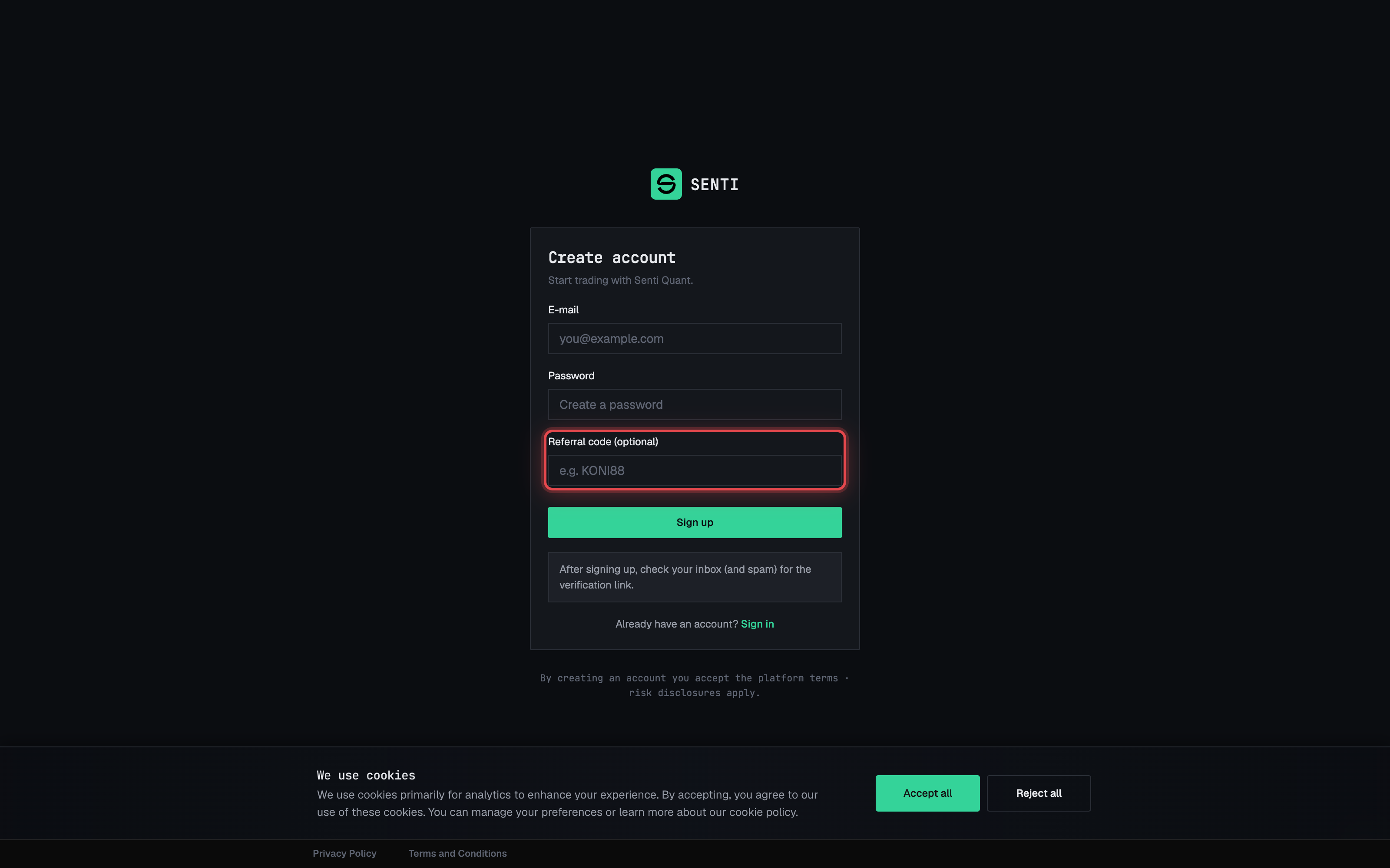 The Create account form with email, password, and optional referral code.