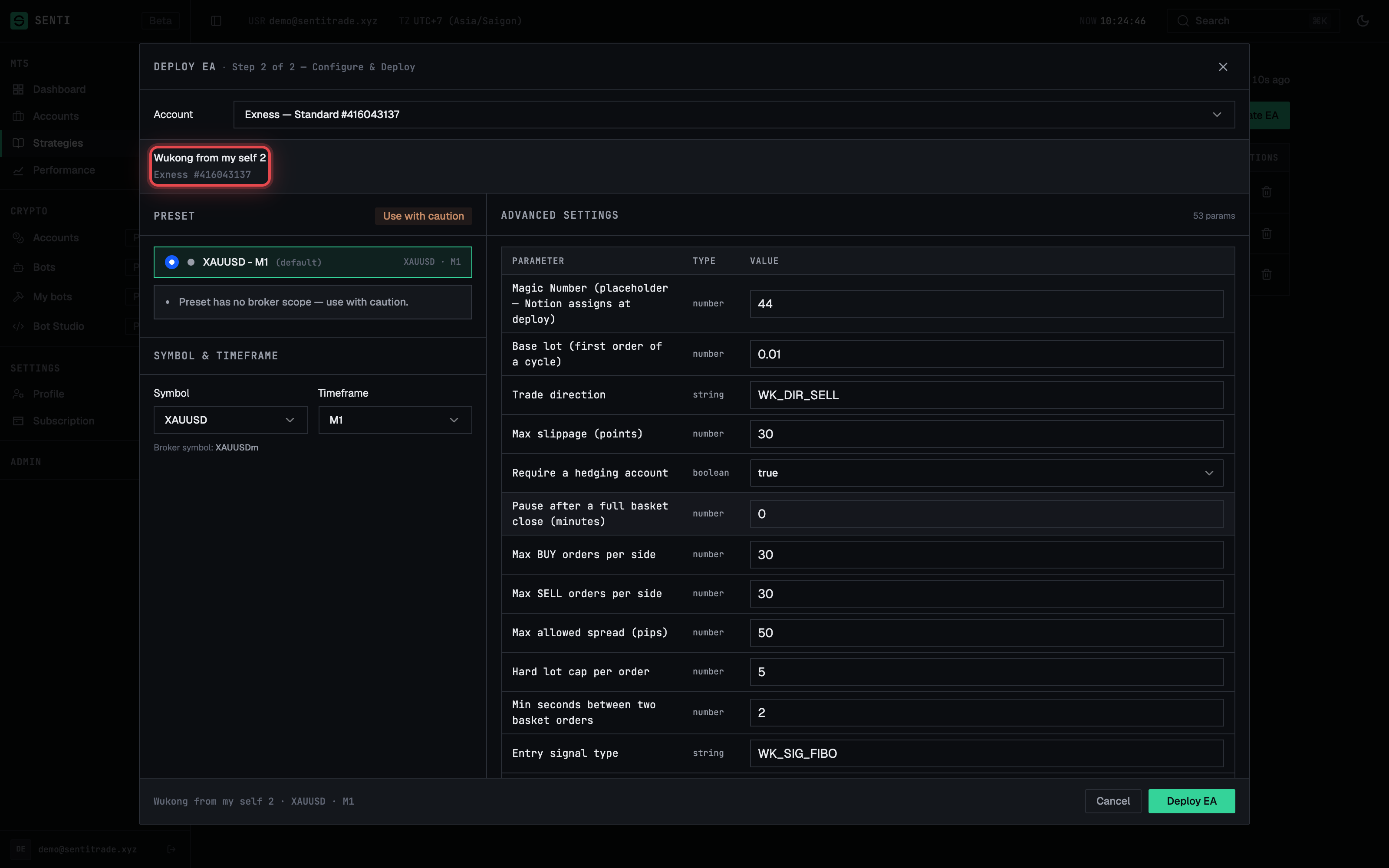 Step 2 — the selected EA and account, ready to configure.