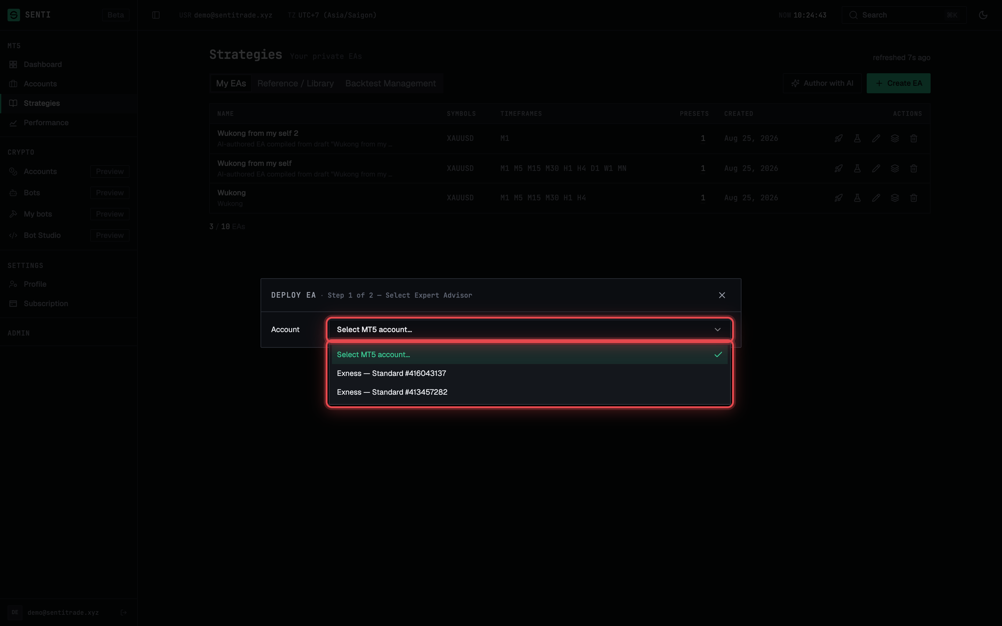 Step 1 — the account picker listing your MASTER-access MT5 accounts.