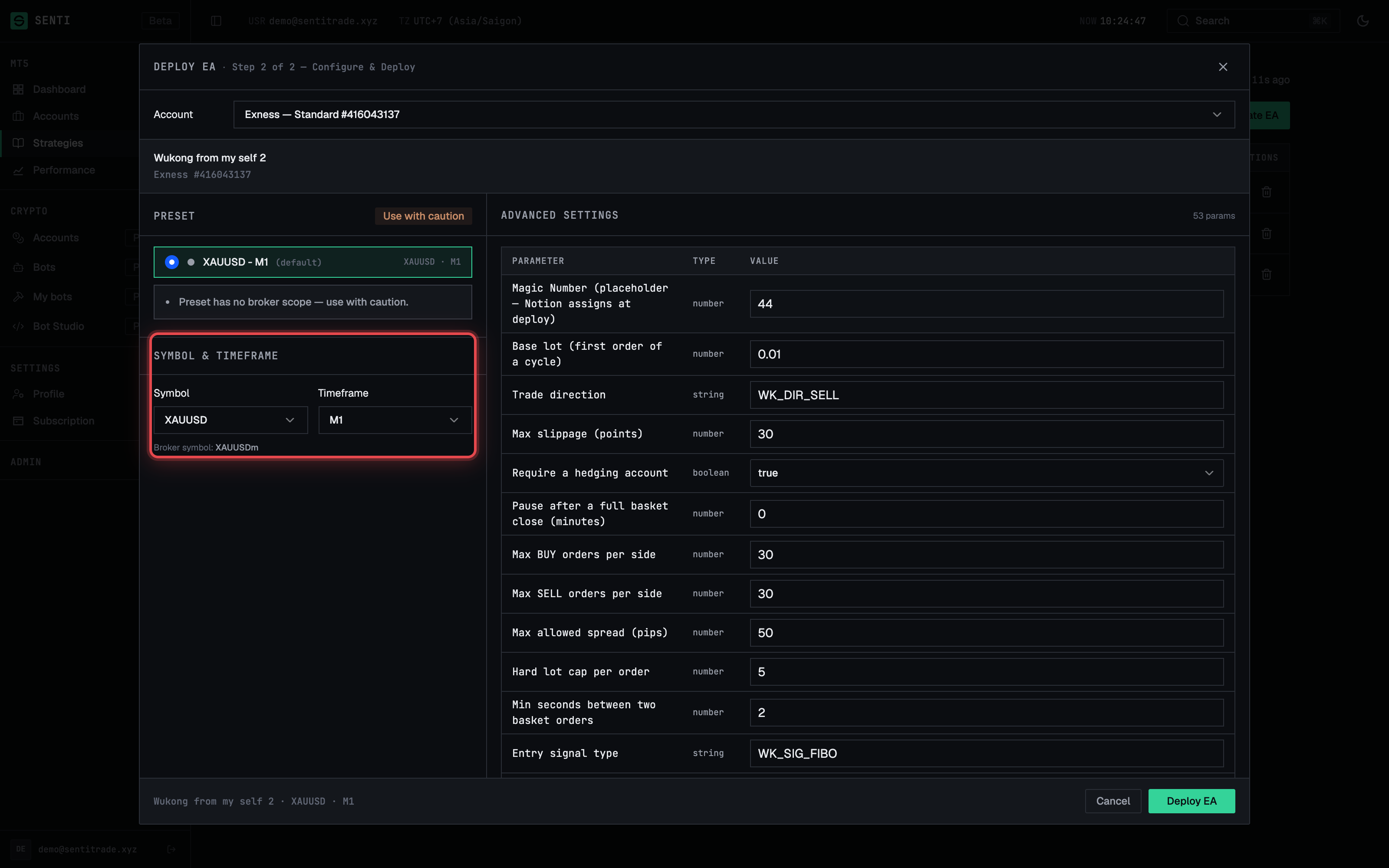 Symbol & Timeframe with the resolved broker symbol and the preset caution banner.