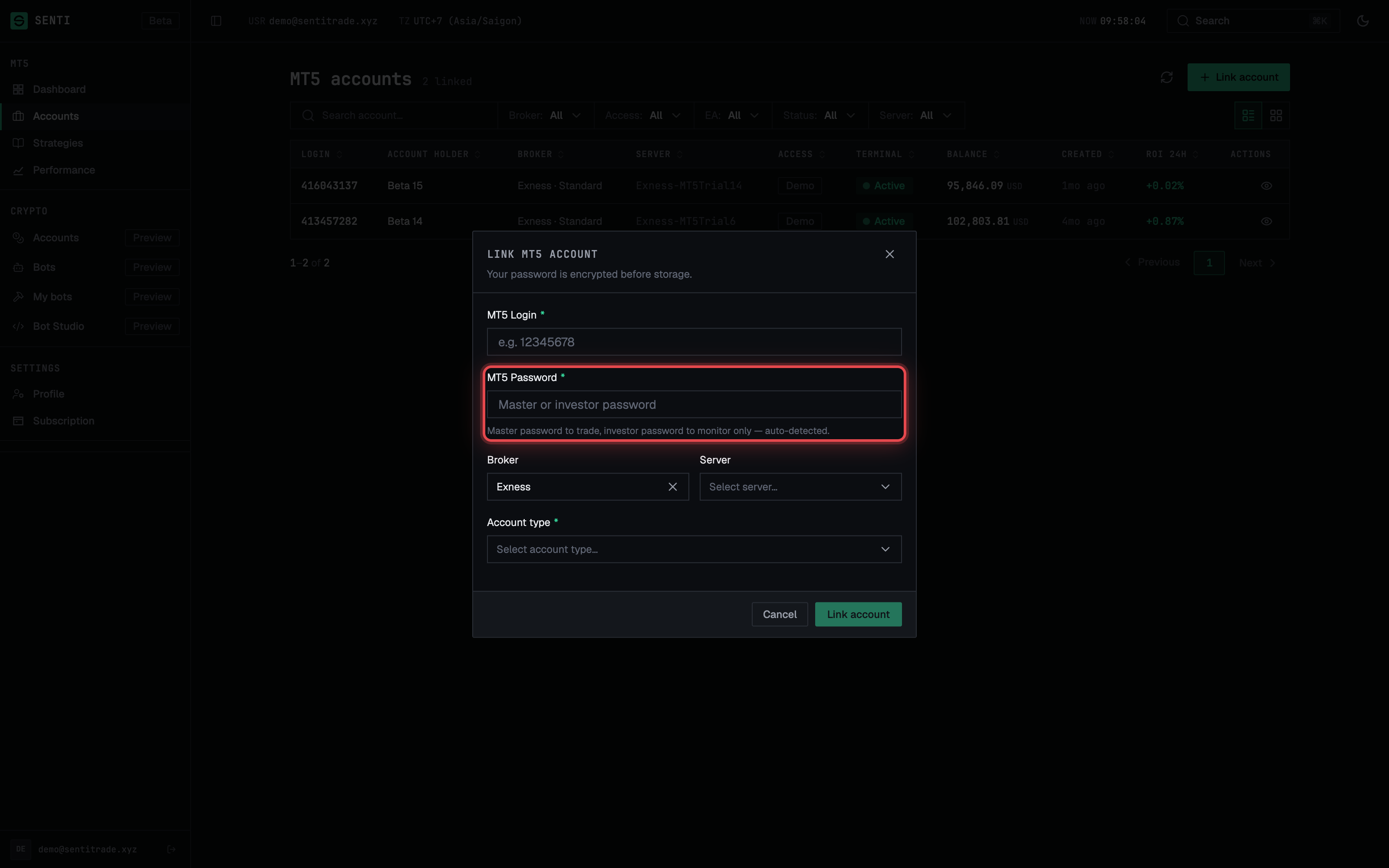 The Link MT5 account dialog — login, password, broker, server, account type.