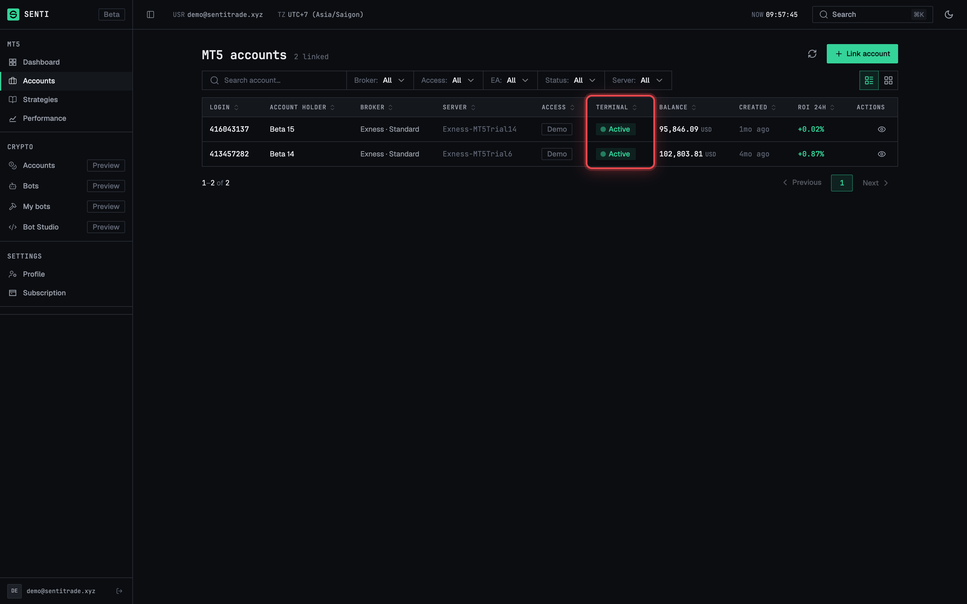 The MT5 accounts list with search, filters, and list/card toggle.