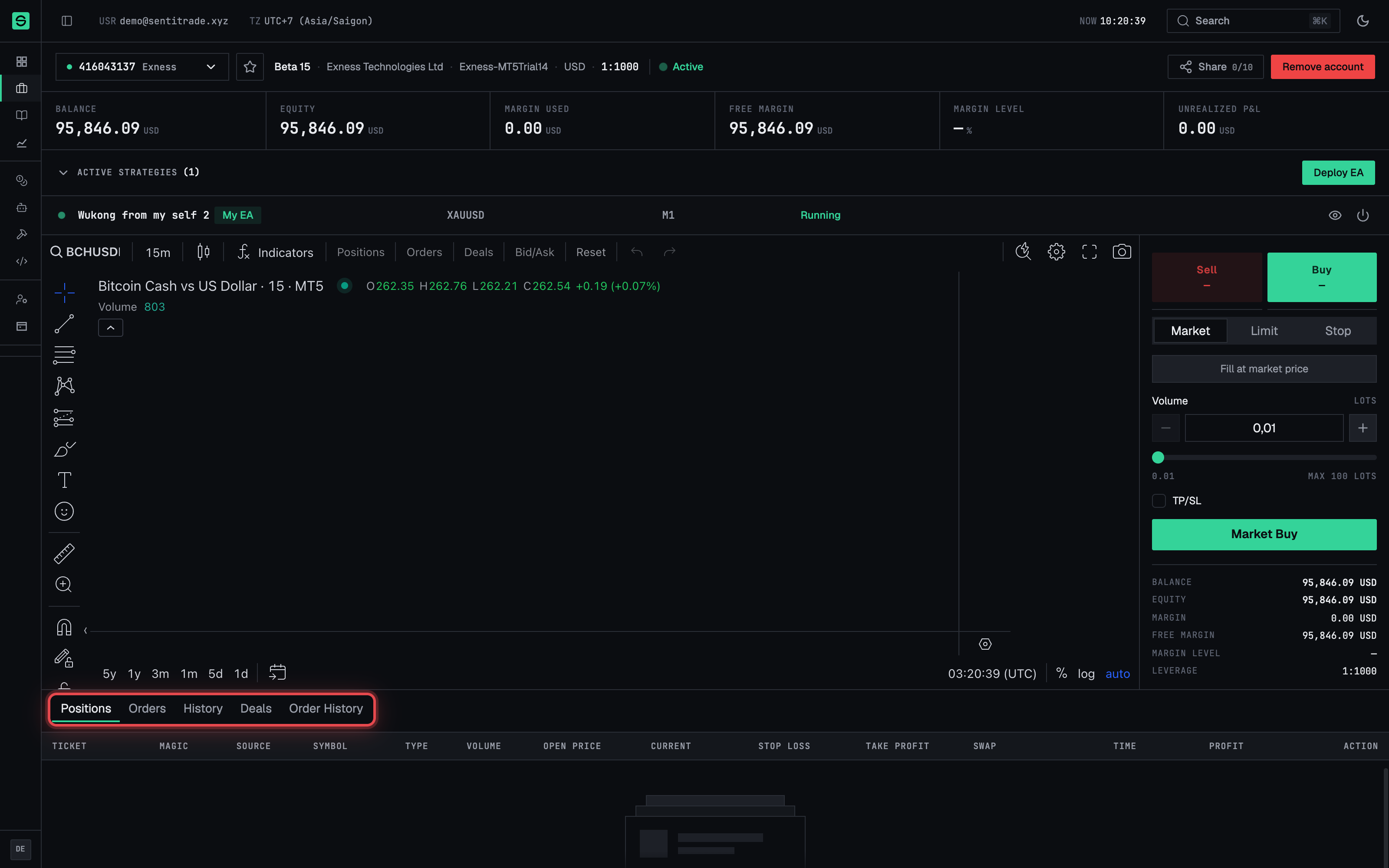 The Positions / Orders / History / Deals / Order History tabs with a date-range picker.
