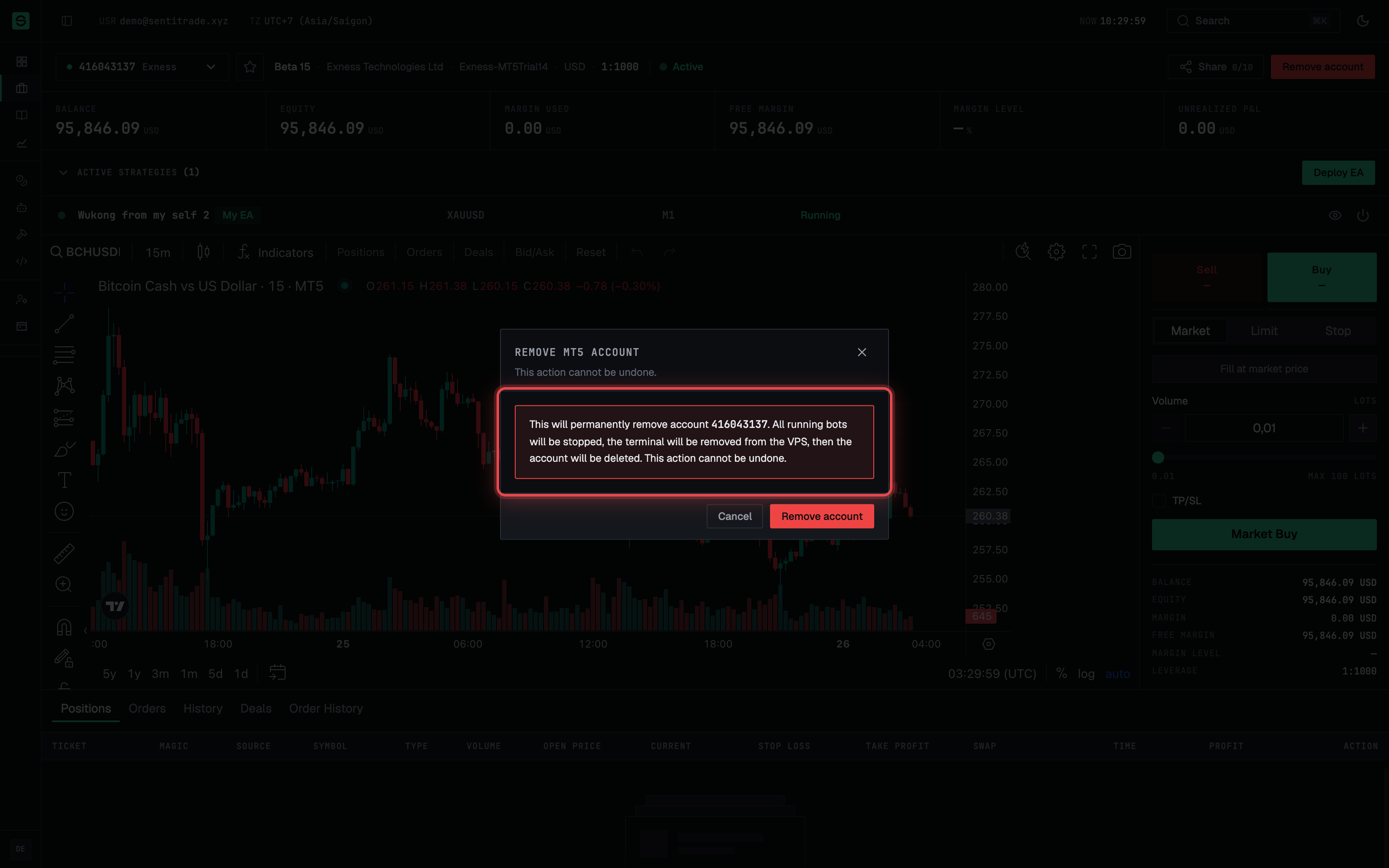 The Remove MT5 account confirmation — bots stop, the terminal is removed, and the link is deleted.