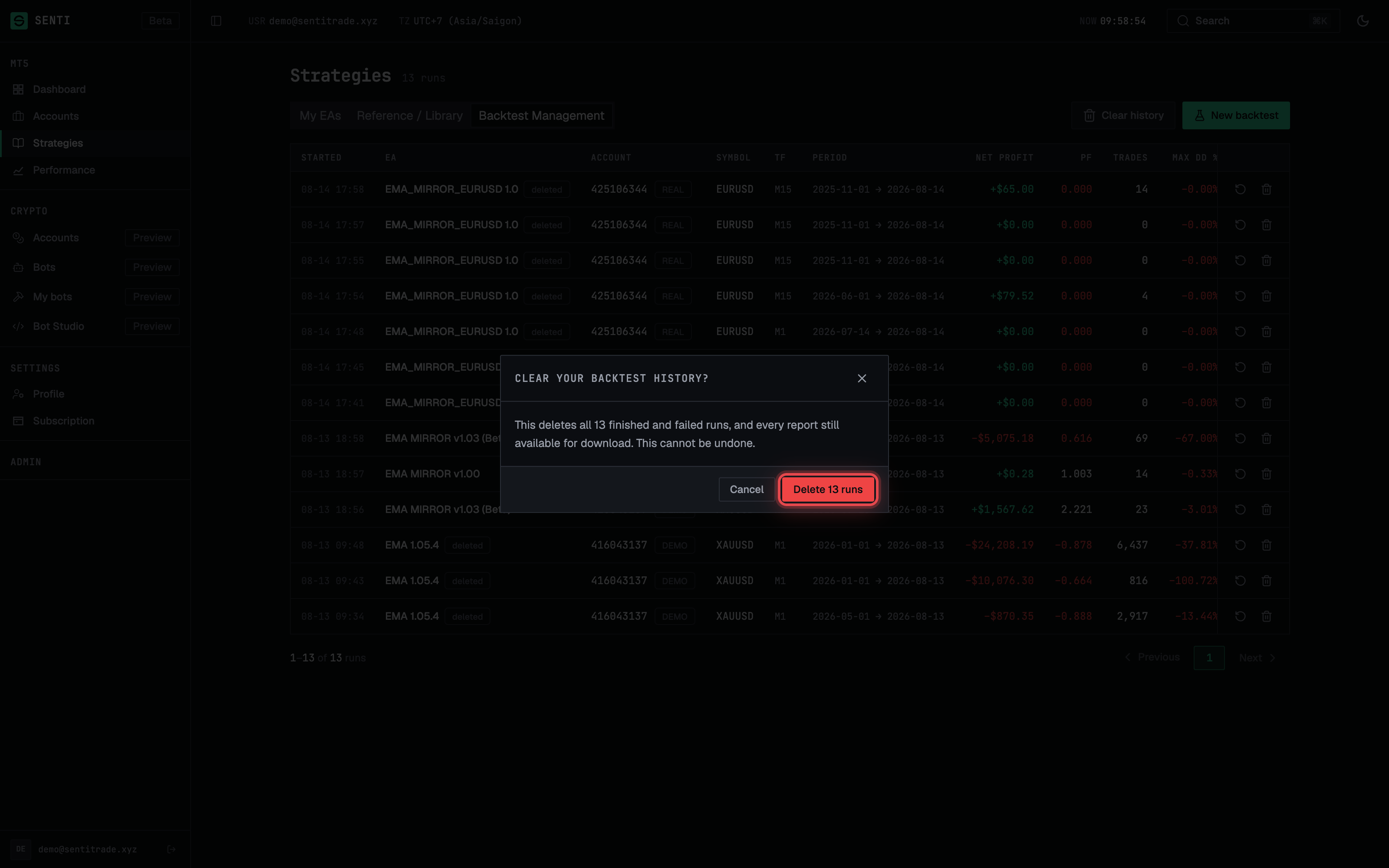 The confirm dialog for abandoning a running backtest.