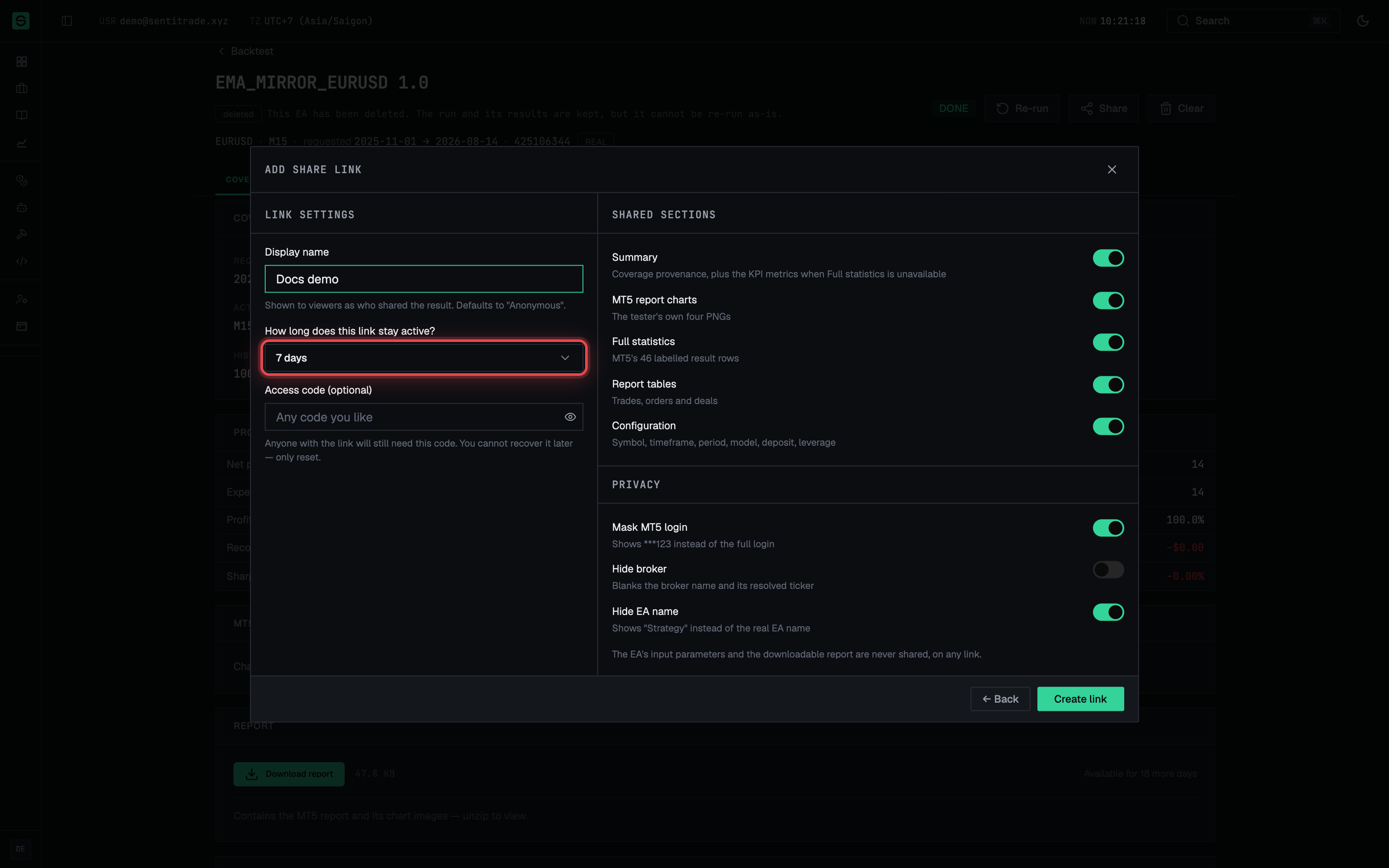 Creating a share link — sections, privacy masks and link settings.