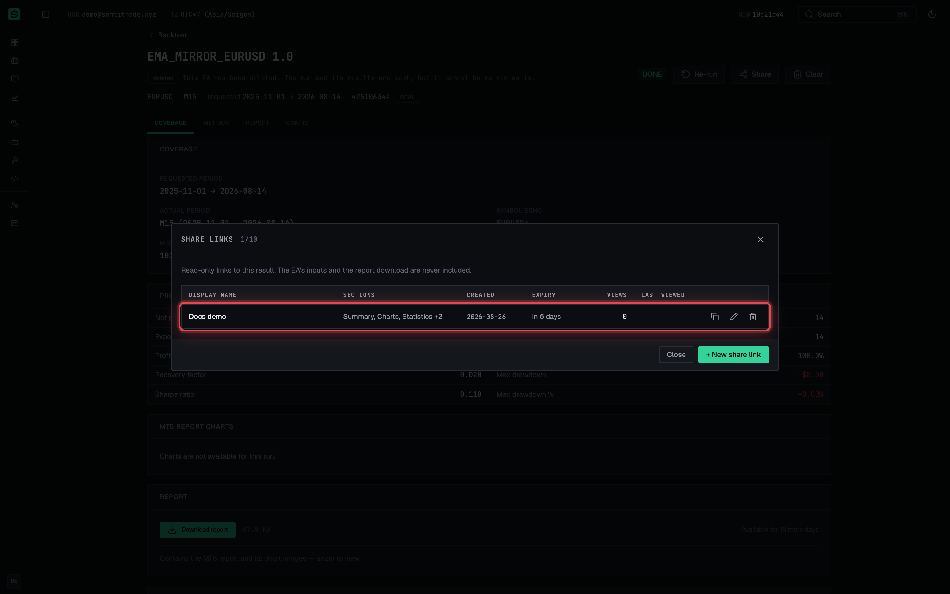 The Share links list with expiry, last viewed, and edit/revoke actions.