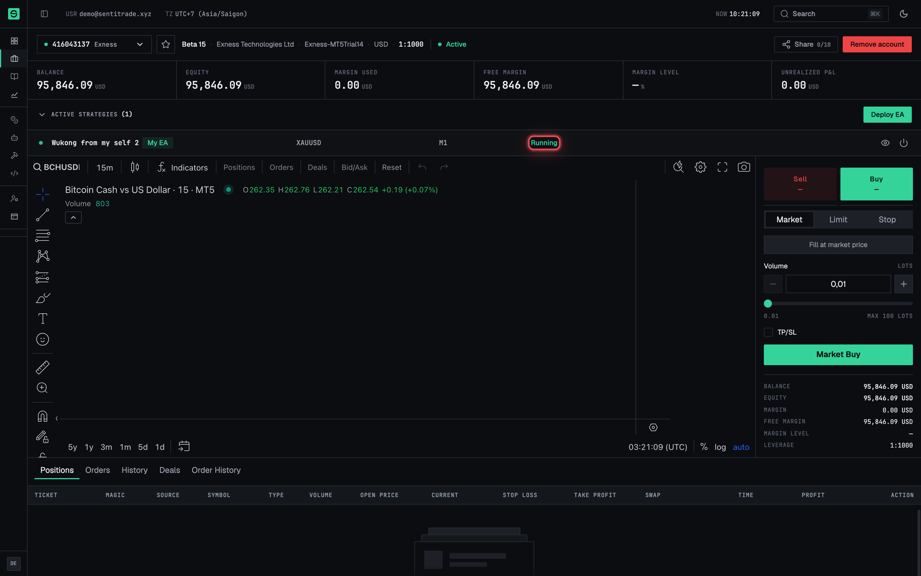 Active strategies on an account page with status chips