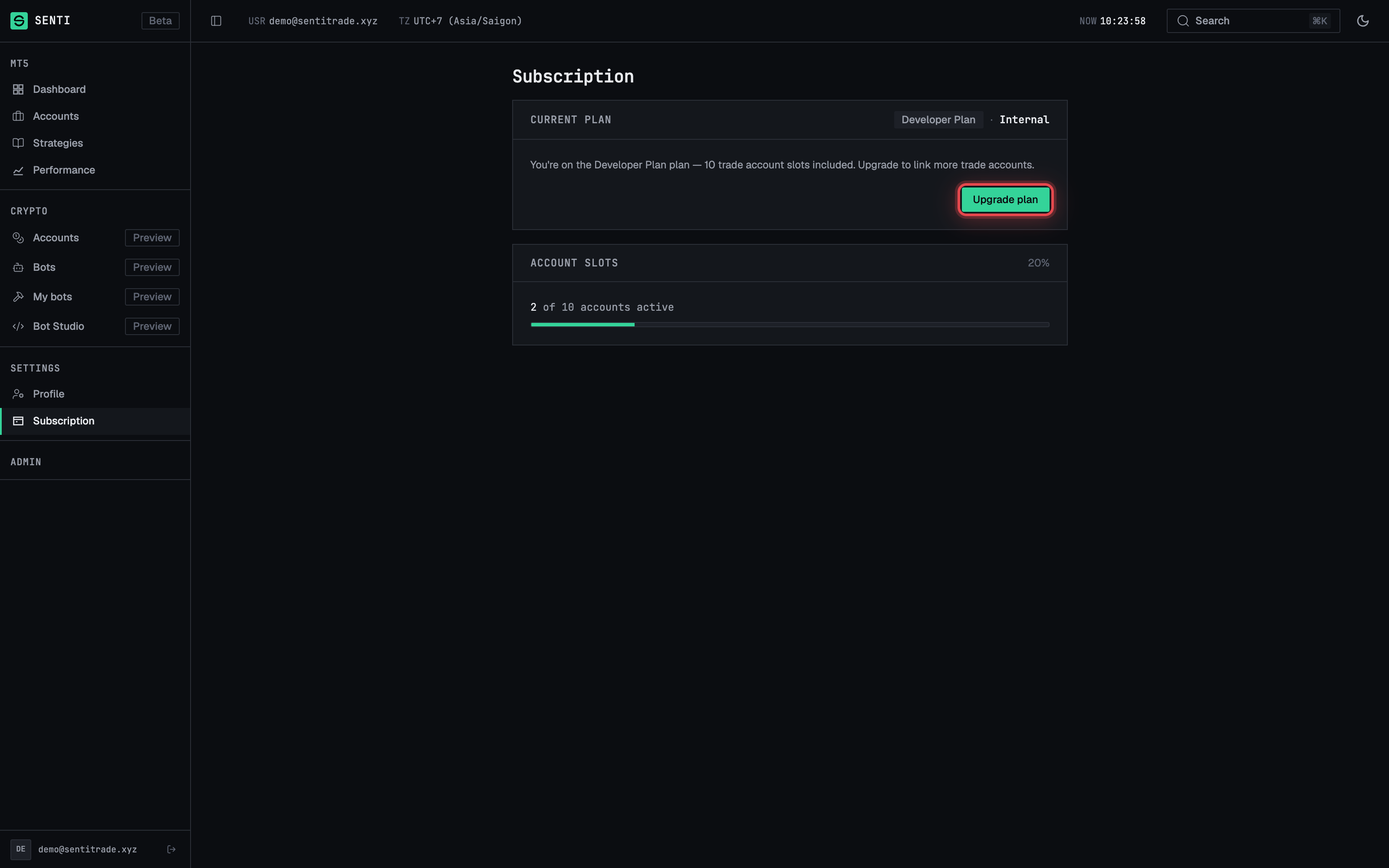 Upgrade, Change plan, and Cancel actions on the Subscription page.