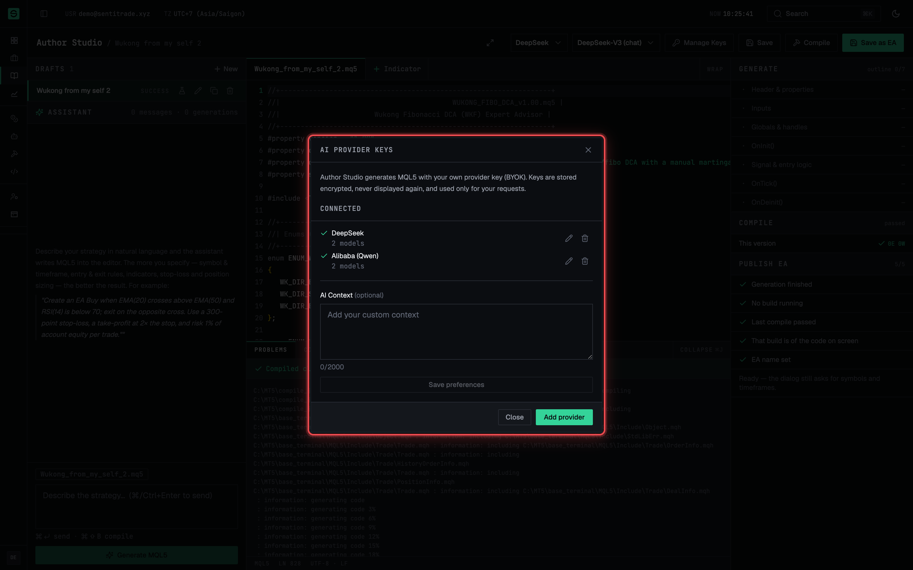 The AI provider keys dialog with a connected provider