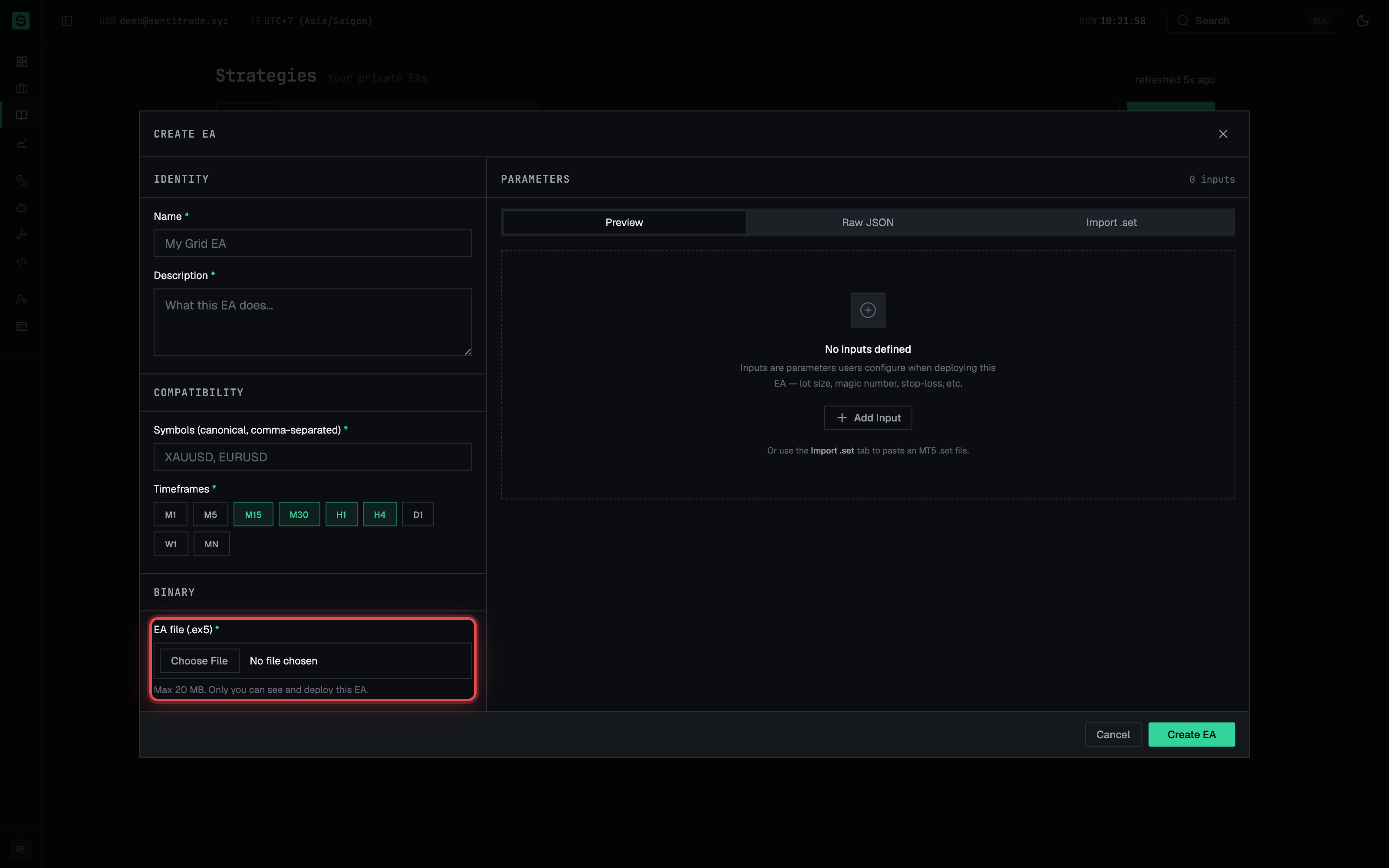 The Create EA dialog with Identity, Compatibility and Binary sections