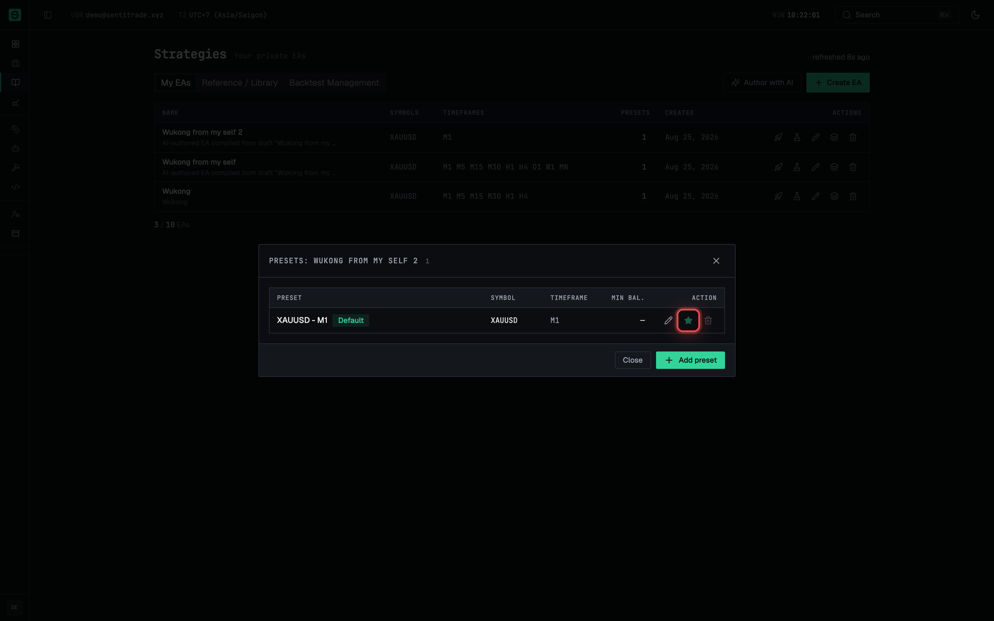 The preset manager with the default preset marked