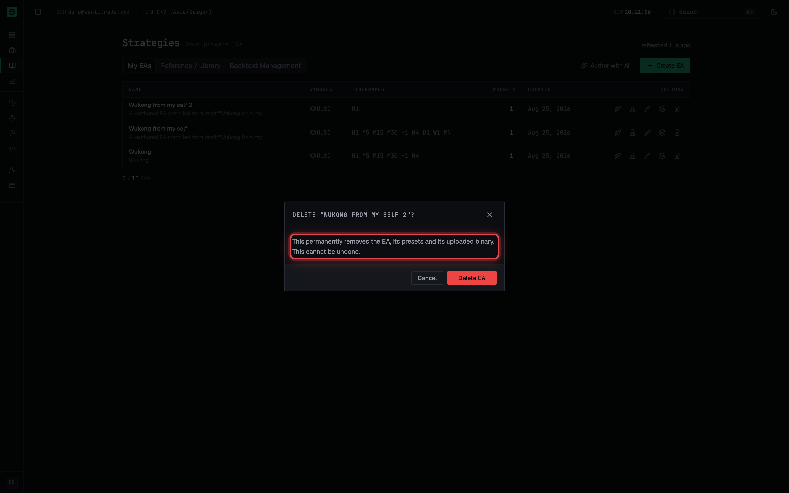 The Delete EA confirmation dialog