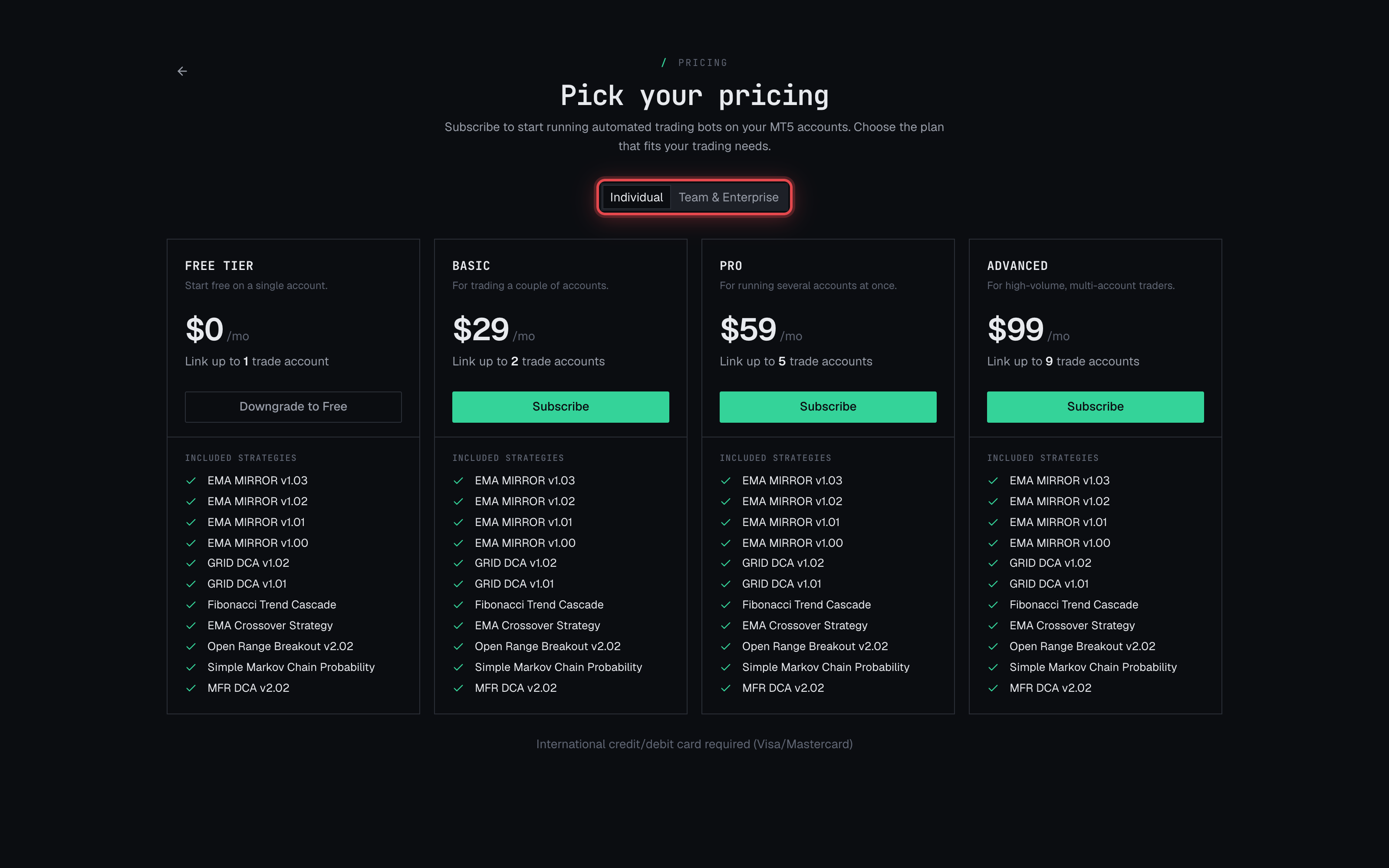 The Pricing page with the Individual and Team & Enterprise tabs.
