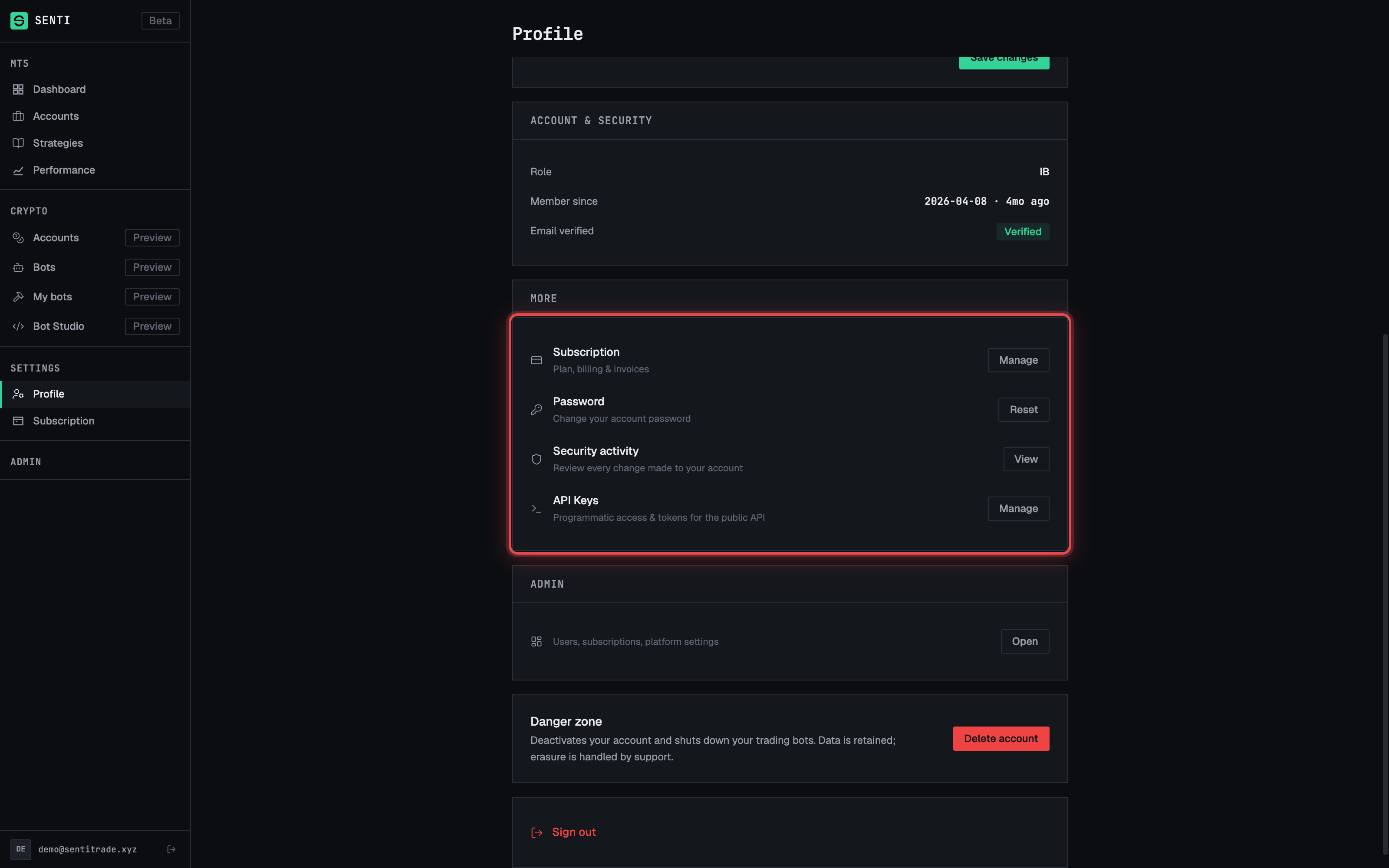 The Account & security card and the More list linking to Subscription, Password, Security activity and API Keys.