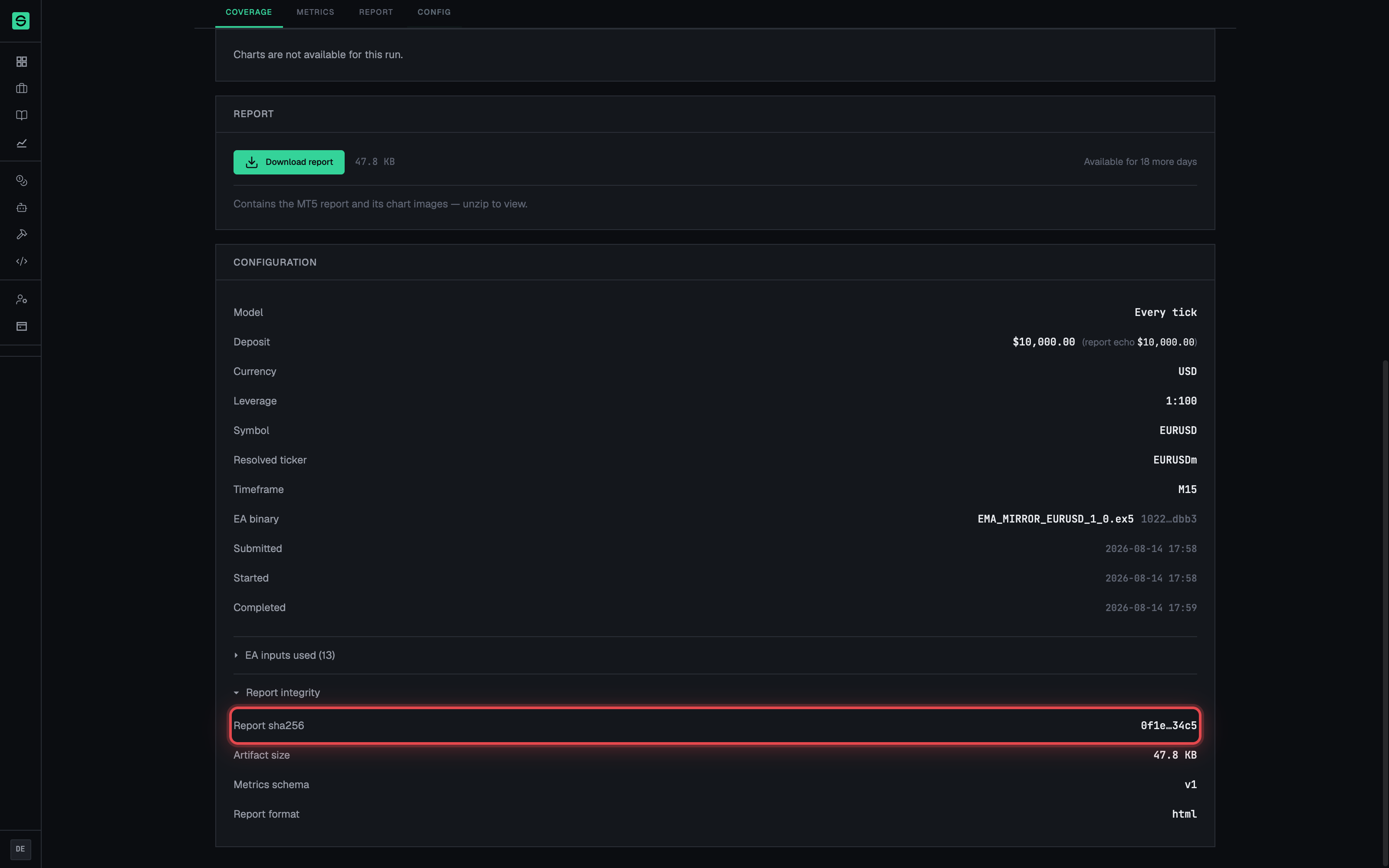 Configuration with the EA inputs table and Report integrity disclosure expanded.