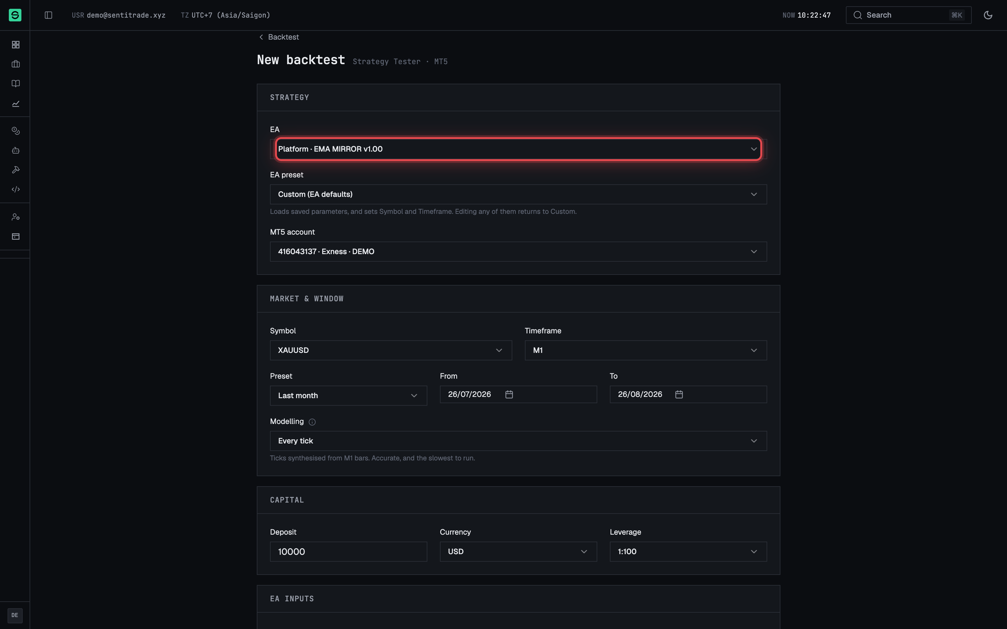 The New backtest form — EA, preset and MT5 account pickers.