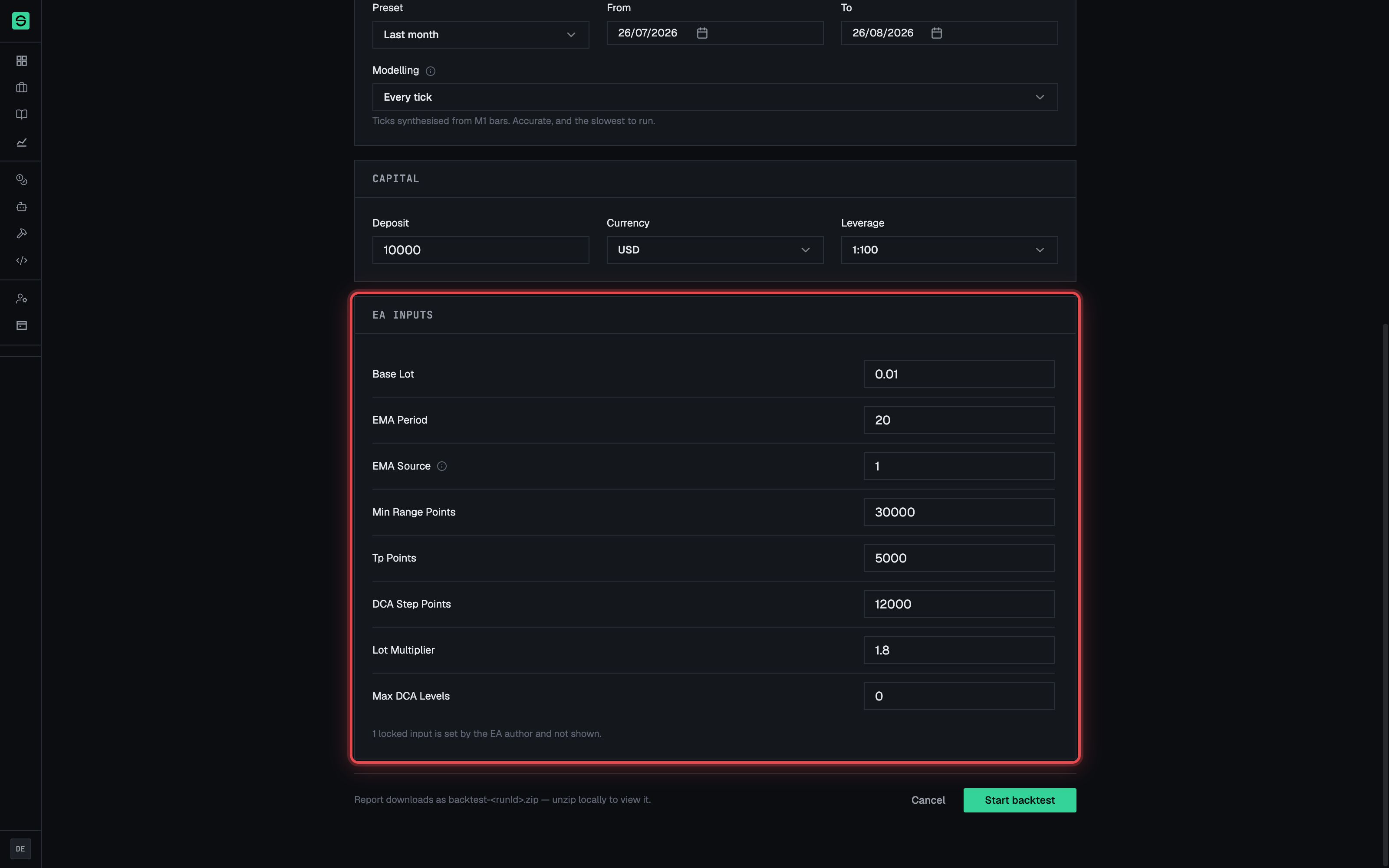 EA inputs with a locked-inputs notice, above the Start backtest bar.