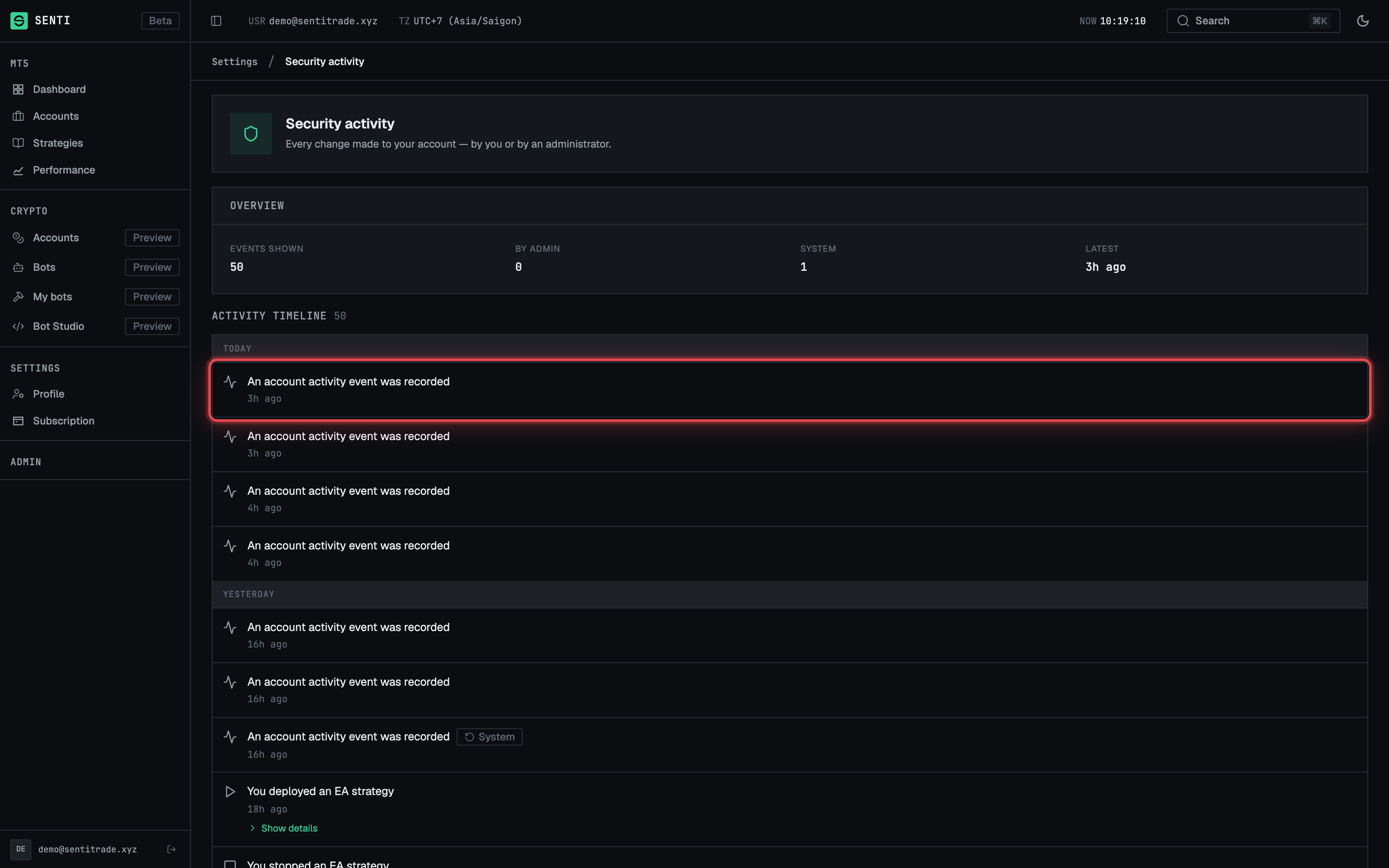 The Security activity page: Overview stats and the day-grouped Activity timeline with By admin and System badges.