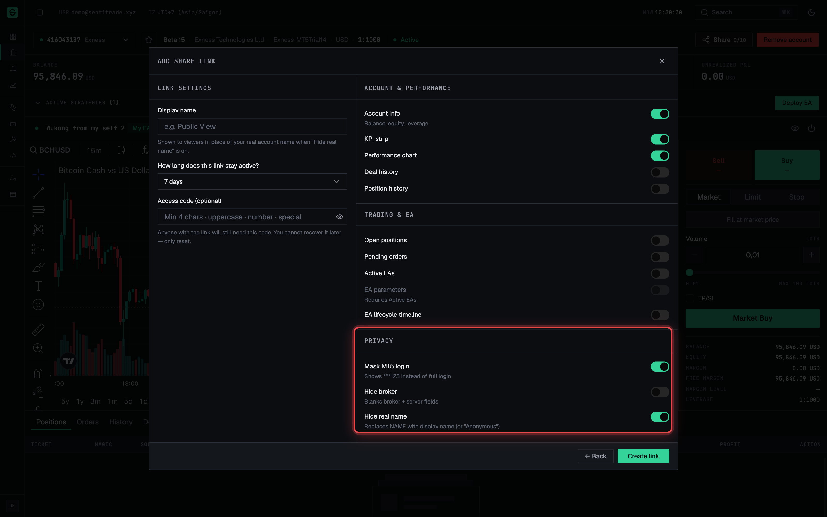 The Add share link form — section toggles, privacy masks, display name, expiry, access code.