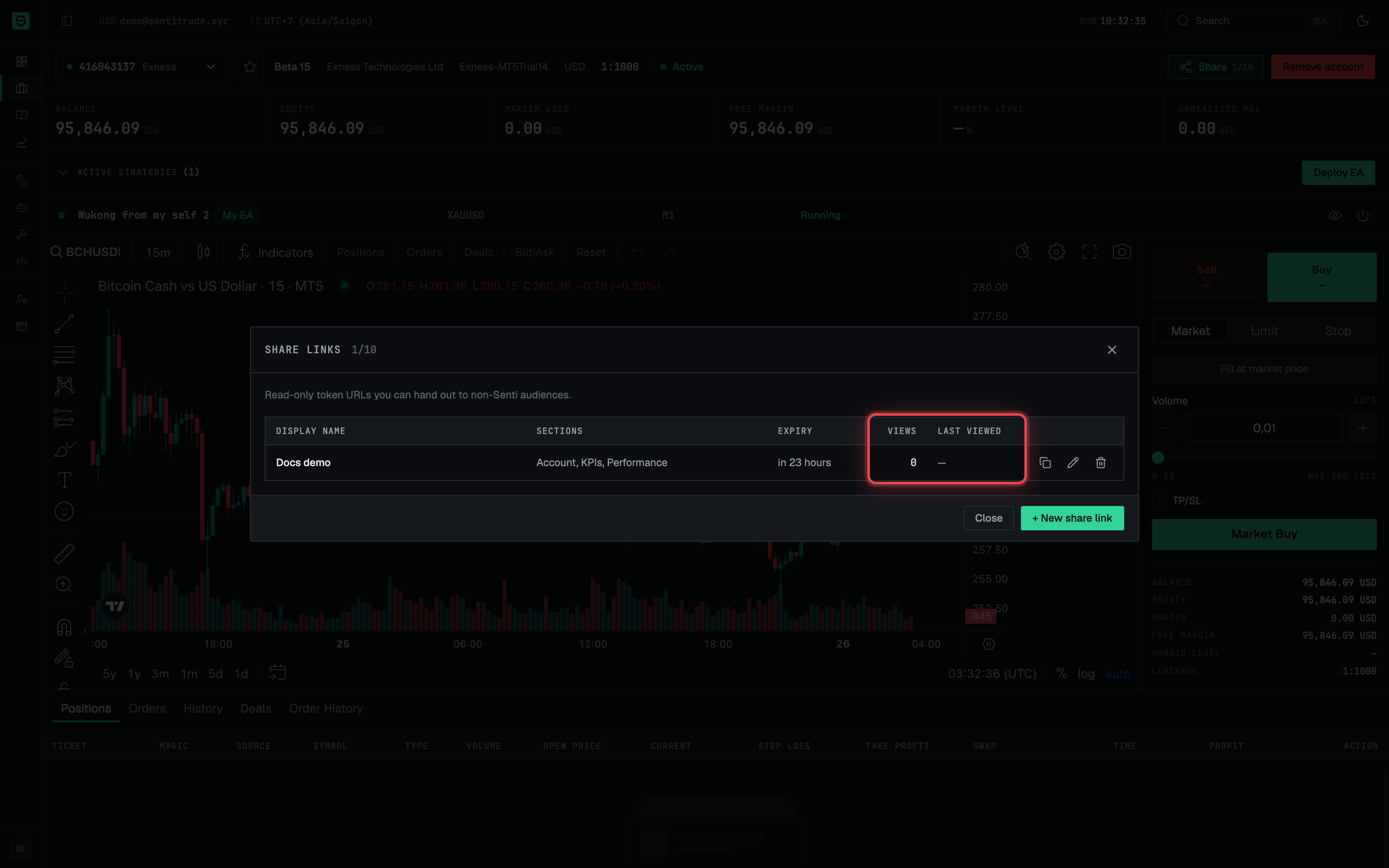 The Share links list — sections, expiry, view counts, copy/edit/revoke actions.