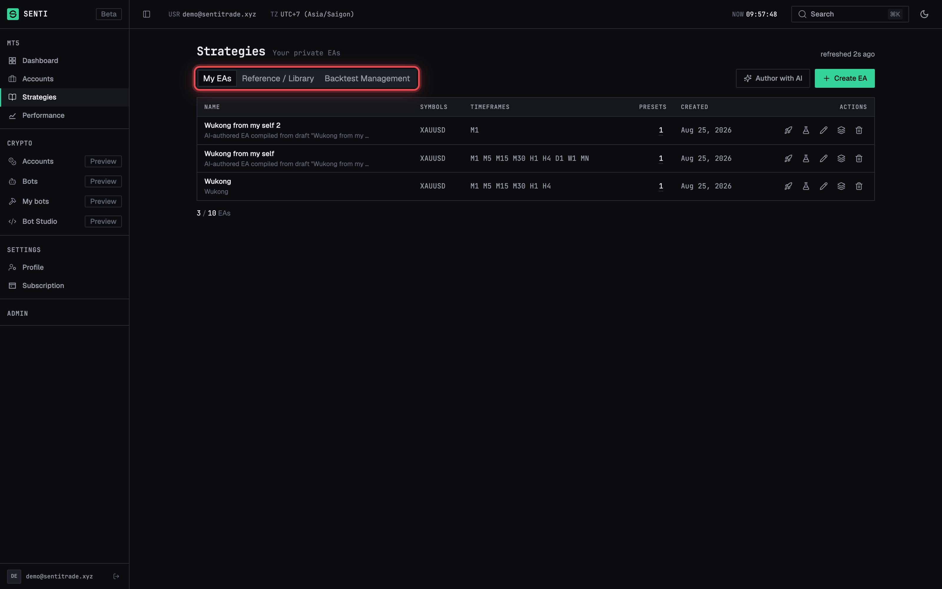 The Strategies page with the Reference / Library tab active