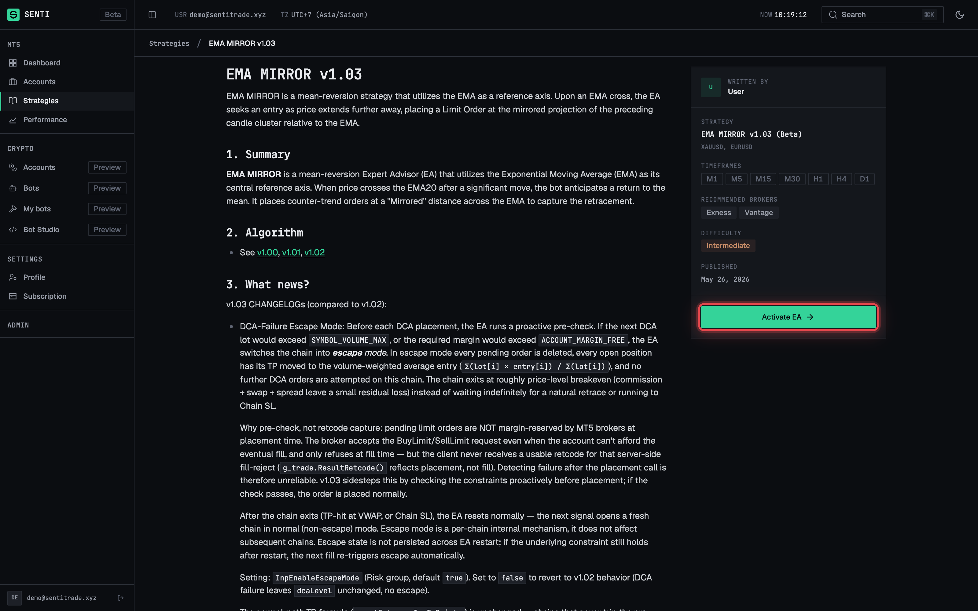 A strategy article with its sidebar facts and Activate EA button
