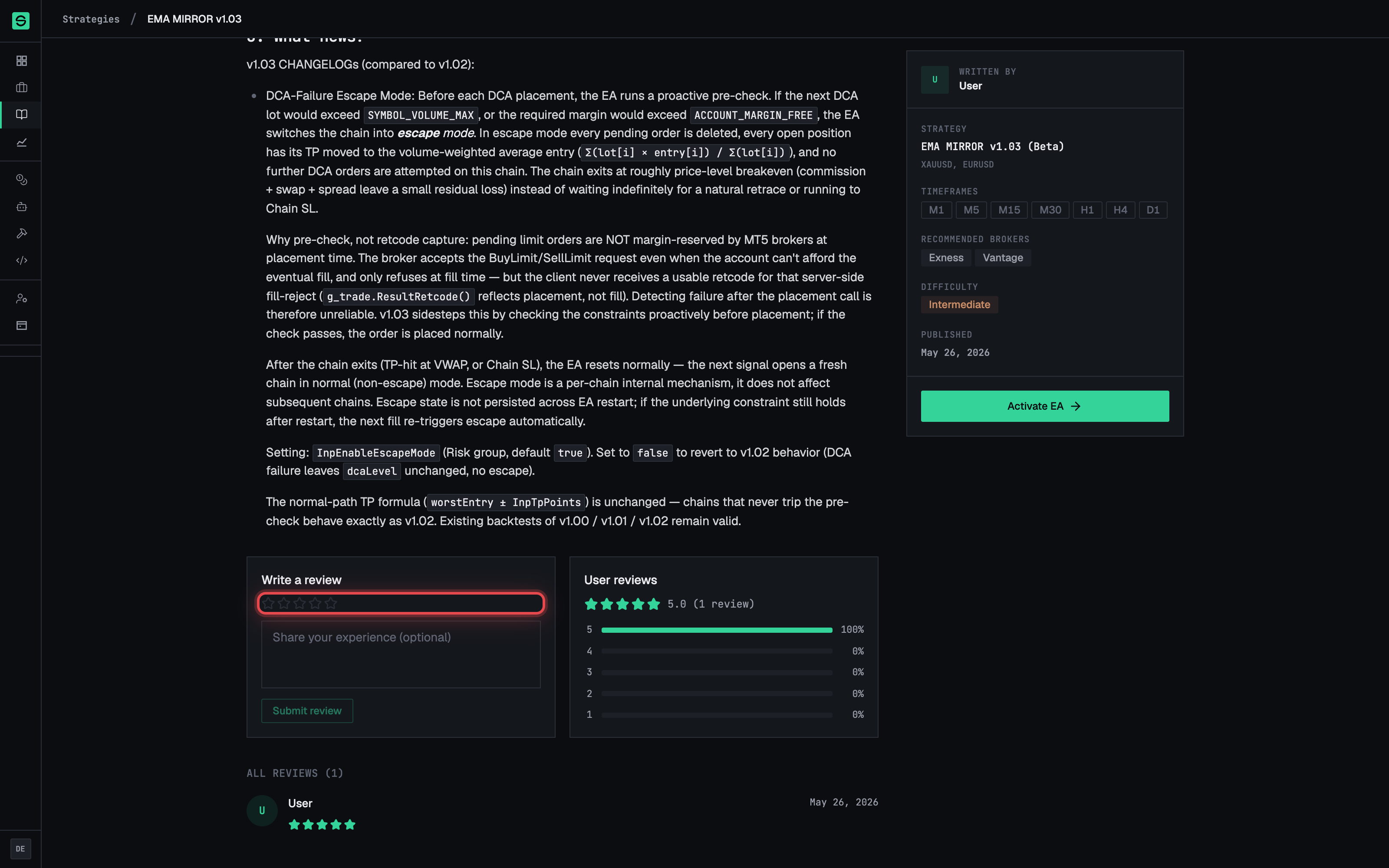 The review form with star rating and optional text