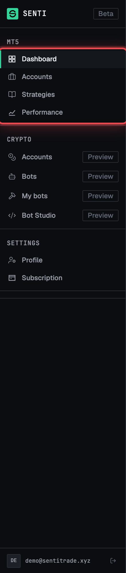 The sidebar — SENTI brand with Beta badge, MT5 group (Dashboard, Accounts, Strategies, Performance) and Settings group (Profile, Subscription).